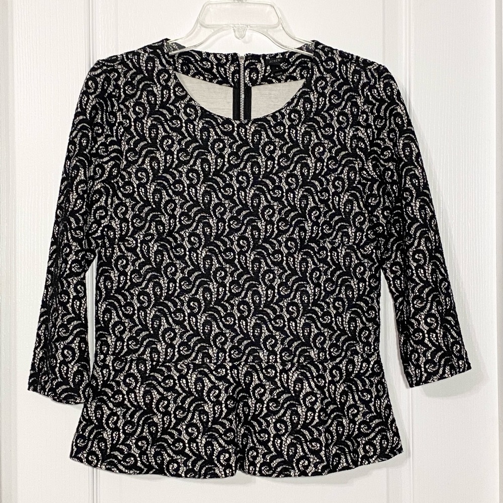 J.Crew Black Lace Overlay Peplum 3/4 Sleeve Knit Blouse Size Small